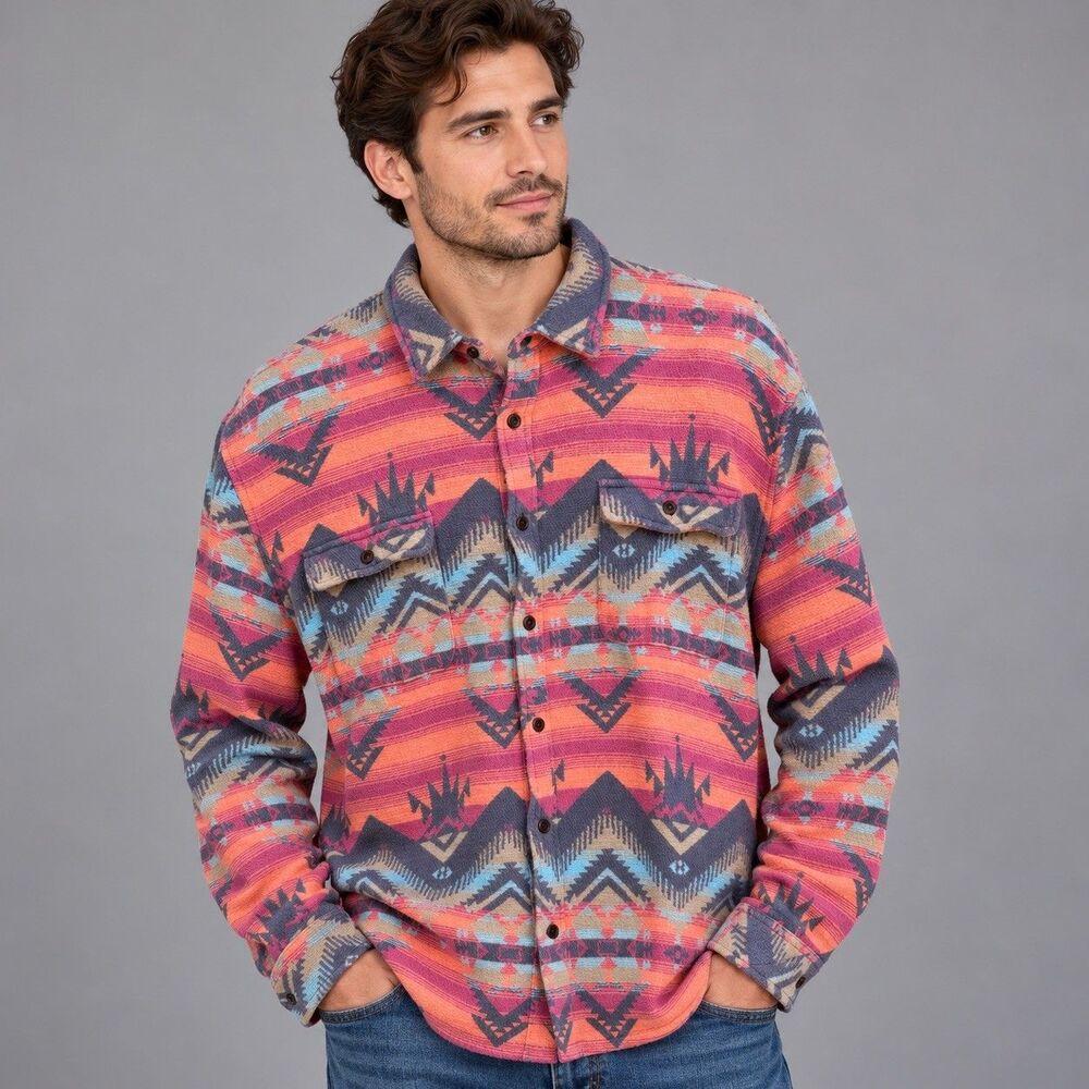 LUCKY BRAND Aztec Flannel Shirt Jacket Men's XXL Button Down Long Sleeve Shacket